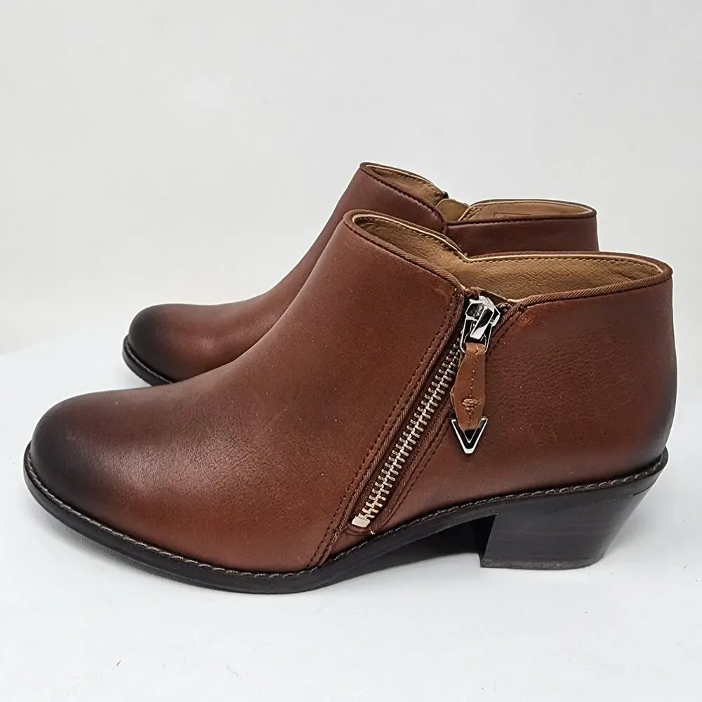 Vionic Jolene Bootie Women 6.5 Brown Leather Burnished Toe Side Zip Boots VS350